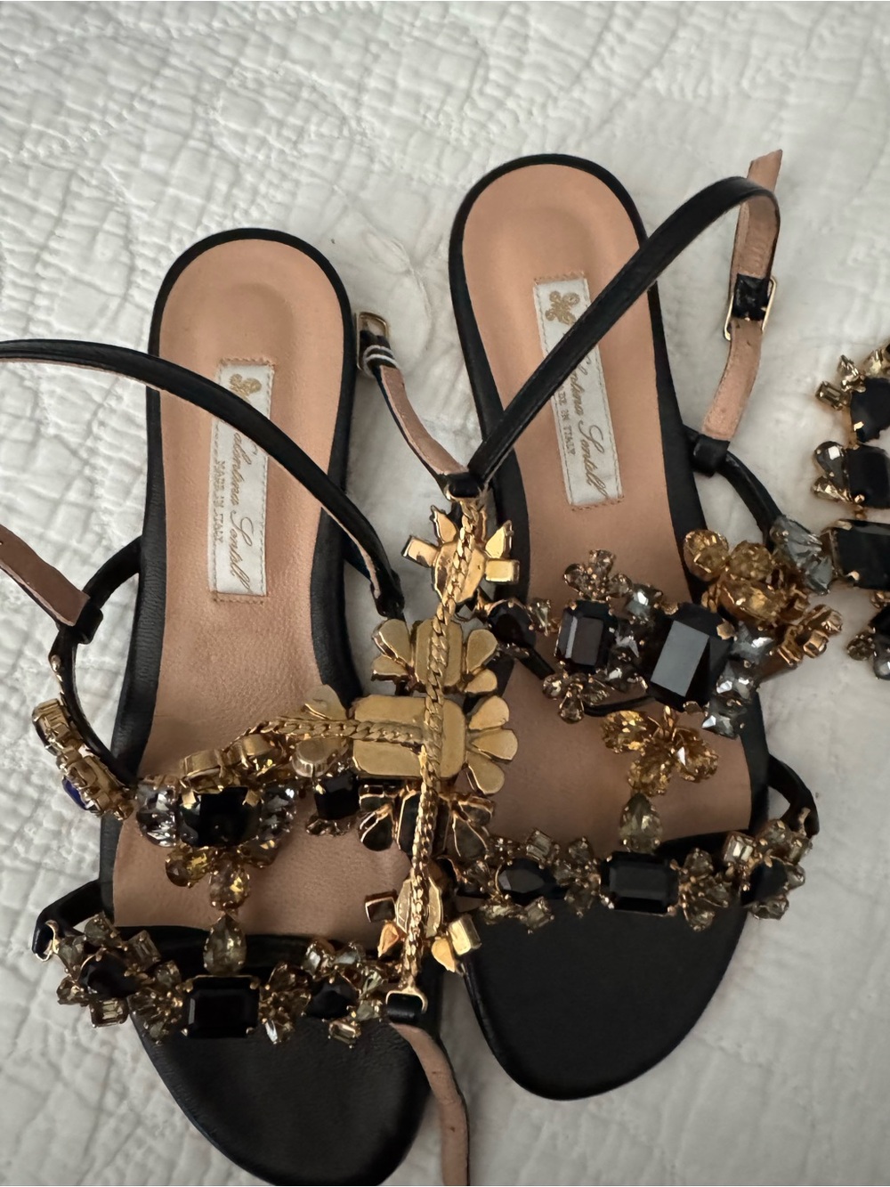 Embellished Black Gladiator Sandals with Gold Accents